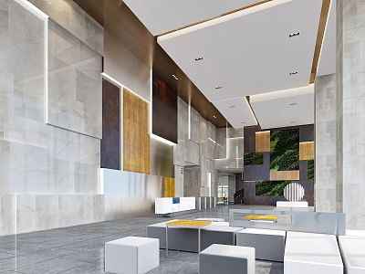 Modern Reception Area Design With Marble Walls Green Plant Decor And Seating 3d model