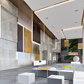 Modern Reception Area Design With Marble Walls Green Plant Decor And Seating