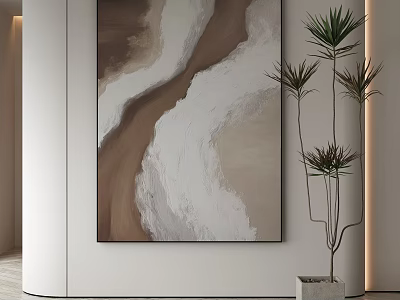 Elegant Modern Abstract Painting With Green Plant In Minimalist Interior 3d model