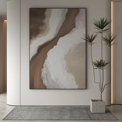 Elegant Modern Abstract Painting With Green Plant In Minimalist Interior 3d model