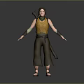 Woman wearing yellow vest and brown pants with shoulder sash standing arms outstretched adventurous warrior