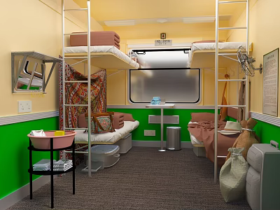 Train Cabin Interior Featuring Bunk Beds Yellow Green Walls Window And Small Table 3d model