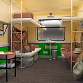 Train Cabin Interior Featuring Bunk Beds Yellow Green Walls Window And Small Table 3d model