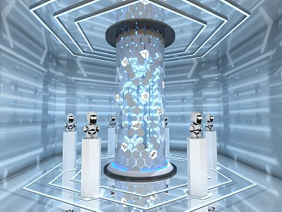 Hi Tech Blue Futuristic Space With Glowing Hexagonal Pillar And Robots 3d model