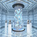 Hi Tech Blue Futuristic Space With Glowing Hexagonal Pillar And Robots 3d model