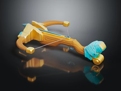 Golden Accented Blue Wooden Bow 3D Model Design with Decorative Grip and Elements 3d model