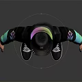 Character in Black Hoodie With Colorful Gradient Sleeves Chest Logo Black Pants Hat Glasses Sneakers