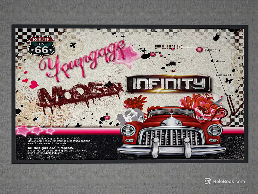Vintage Car Route 66 Graffiti Art With Infinity Checkered Pattern Design 3d model