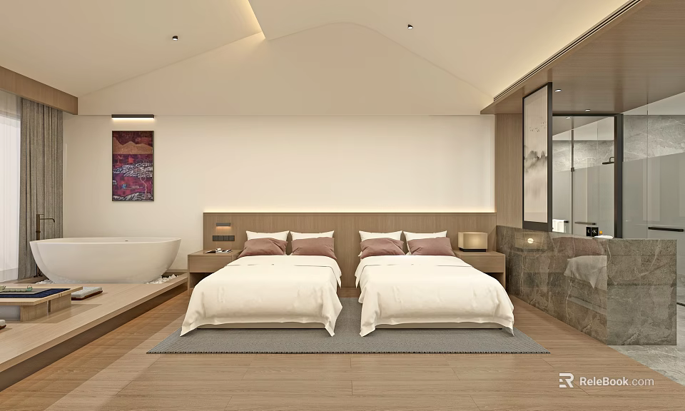 Modern Hotel Guest Room Featuring Twin Beds White Bedding Bathtub And Decorative Painting 3d model 