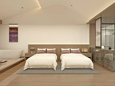 Modern Hotel Guest Room Featuring Twin Beds White Bedding Bathtub And Decorative Painting 3d model