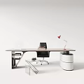Modern Office Desk with Laptop Black Chair Red Desk Lamp and Minimalist Side Storage Unit