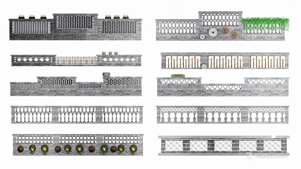 Building Facade Design With Various Decorative Patterns Grilles Railings And Greenery Accents 3d model