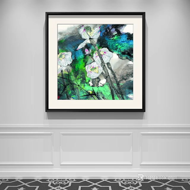 Botanical Painting With Vibrant White Flowers And Green Leaves Framed On Wall 3d model 