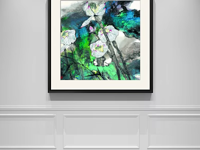 Botanical Painting With Vibrant White Flowers And Green Leaves Framed On Wall 3d model