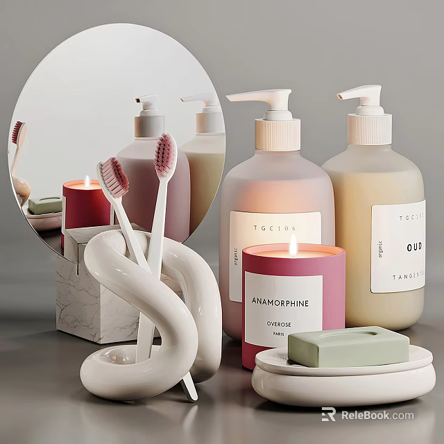 Modern Bathroom Accessories Including Marble Toothbrush Holder Soap Dispensers Candles Toothbrushes Soap Bar And Mirror 3d model 