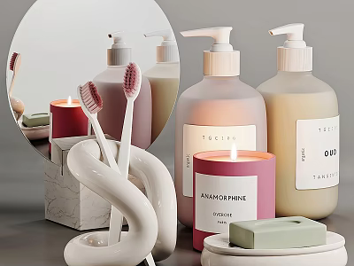 Modern Bathroom Accessories Including Marble Toothbrush Holder Soap Dispensers Candles Toothbrushes Soap Bar And Mirror 3d model