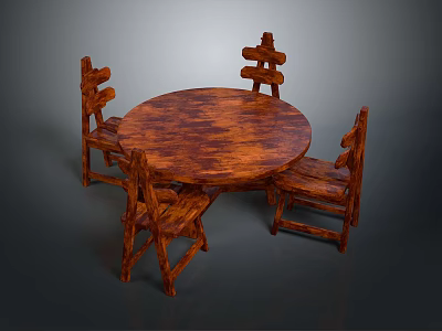 Classic Round Wooden Dining Table With Four Backrest Chairs And Dark Brown Texture 3d model