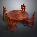 Classic Round Wooden Dining Table With Four Backrest Chairs And Dark Brown Texture