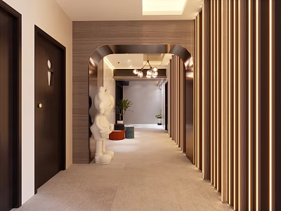 Modern Office Corridor With Wooden Panel Walls Decorative Sculptures Potted Plant And Lighting Fixtures 3d model