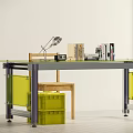 Office Desk With Glass Top Purple Legs Yellow Storage Bins Desk Lamp Books And Documents