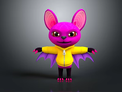 Cartoon Bat Creature Wearing Yellow Hoodie With Purple Body Large Pink Ears And Wings 3d model