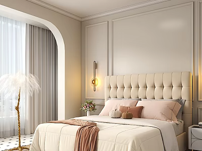Elegant Beige Bedroom Interior Design With Tufted Headboard Floor Lamp And Throw Blanket 3d model