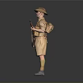 Man in Khaki Outfit and Hat Holding Rifle Against Gray Background