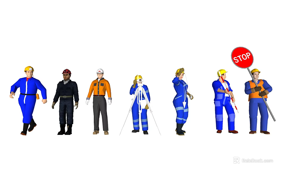 Group of Workers in Different Uniforms with Safety Gear and STOP Sign 3d model 