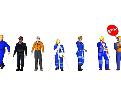 Group of Workers in Different Uniforms with Safety Gear and STOP Sign 3d model
