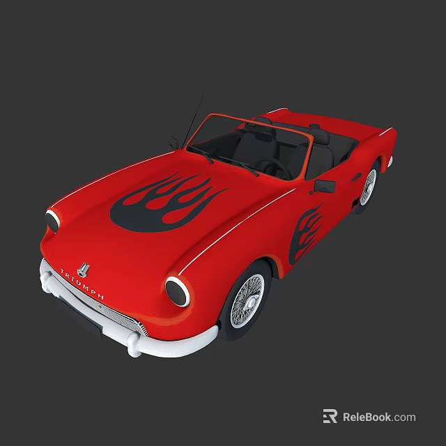 Red Open Top Convertible Car With Black Flame Graphics And Classic Design 3d model 