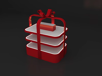 Red Three Tiered Display Shelf With Bow Decoration And Red Box 3d model