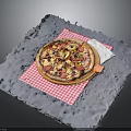 Tasty Pizza With Pepperoni Mushrooms Topping On Wooden Board Red Checkered Cloth