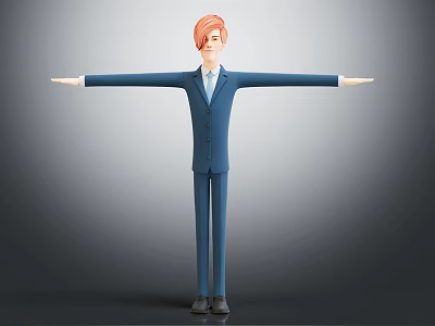 Red Haired Character In Blue Suit With Arms Outstretched 3D Rendered Gray Background 3d model