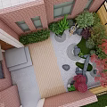 Garden Landscape With Red Brick Building Wooden Fence Red Maple Green Shrubs Stones And Lantern