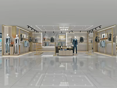 Spacious Modern Clothing Store Interior With Mannequins Hanging Clothes Brand Sign And Lighting 3d model