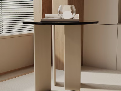 Elegant Modern Side Table With Black Glass Top And Gold Metal Legs By Window With Blinds 3d model