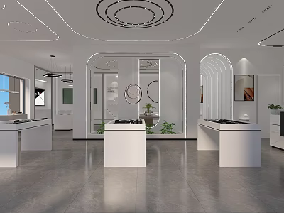 Modern Specialty Store Interior With White Display Counters And Elegant Lighting Design 3d model