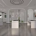 Modern Specialty Store Interior With White Display Counters And Elegant Lighting Design 3d model