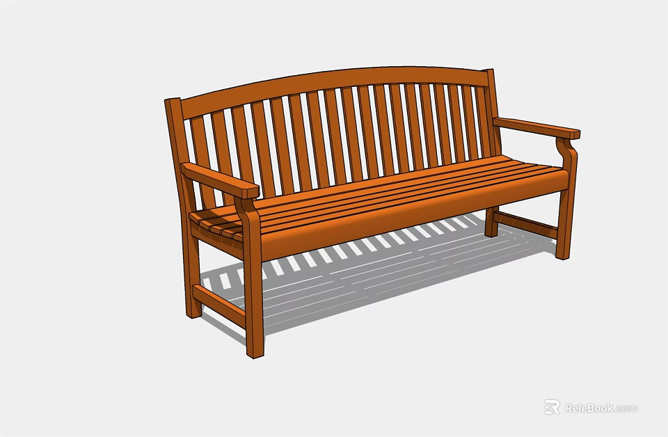 Natural Wooden Landscape Bench With Slatted Back And Armrests For Outdoor Garden 3d model 
