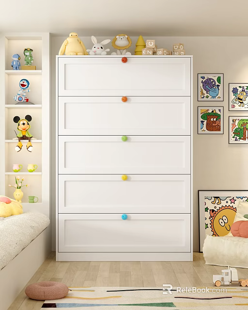 White Chest of Drawers with Colorful Round Knobs in Kids Room with Cartoon Decorations 3d model 
