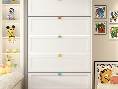 White Chest of Drawers with Colorful Round Knobs in Kids Room with Cartoon Decorations 3d model