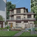 Two Story Detached Villa With Modern Exterior Large Windows Balconies Garden Lawn And Stone Path