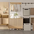 Modern Home Decor Setting With Wooden Stool Storage Cabinets And Hanging Racks