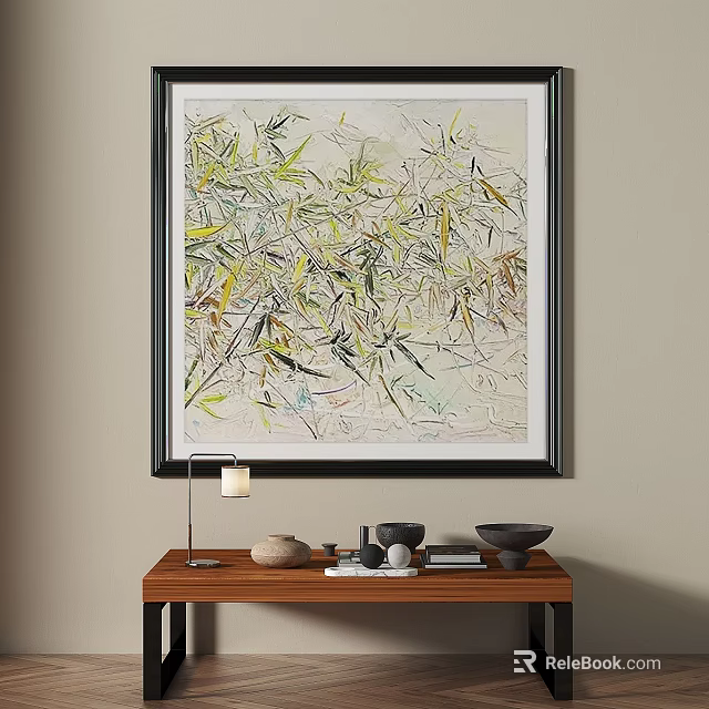 Black Framed Bamboo Plant Painting Hanging On Wall With Wooden Table Below 3d model 