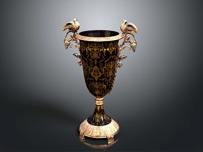 Ornate Decorative Vase With Gold Black Patterns Bird Shaped Handles And Intricate Base 3d model
