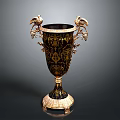 Ornate Decorative Vase With Gold Black Patterns Bird Shaped Handles And Intricate Base