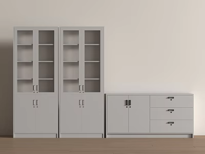 Light Gray File Cabinets With Glass Doors And Drawer Unit On Wooden Floor White Wall 3d model