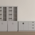 Light Gray File Cabinets With Glass Doors And Drawer Unit On Wooden Floor White Wall