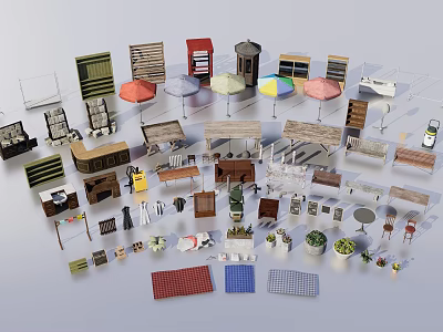Various Style Table Chair Sets With Different Materials And Decorative Umbrellas Plants 3d model