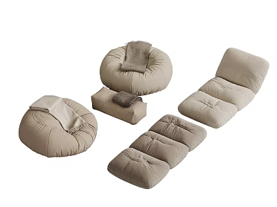 Beige Minimalist Soft Furniture Set With Round Bean Bags And Cushions 3d model
